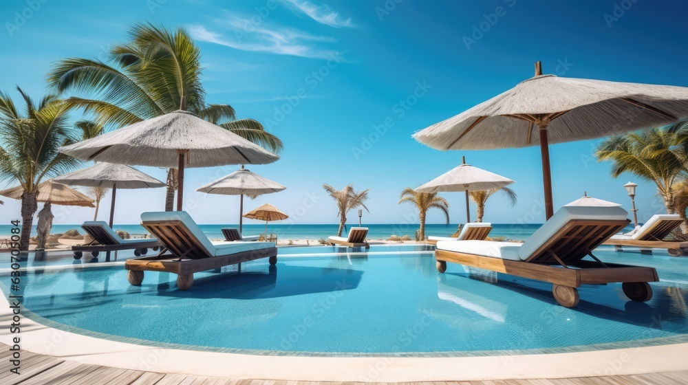 Luxurious swimming pool and loungers umbrellas near beach and sea with palm trees and blue sky, Generative AI