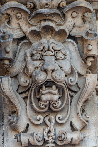 Dresden, Germany - May 3, 2023: Ancient decoration element of scary lion head in downtown historical center of Dresden, Germany
