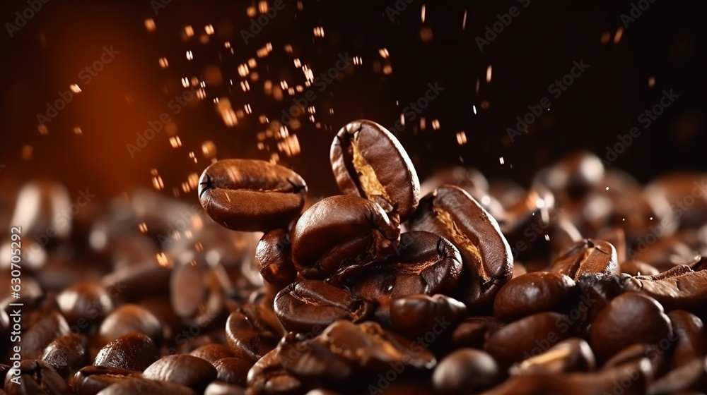 Coffee beans falling in slow motion, coffee banner, background, International Coffee Day autumn, autumn, Generative AI Coffee beans falling in slow motion, coffee banner, background, International Coffee Day autumn, autumn, Generative AI