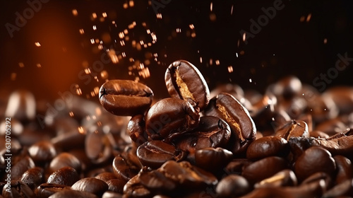 Coffee beans falling in slow motion, coffee banner, background, International Coffee Day autumn, autumn, Generative AI photo