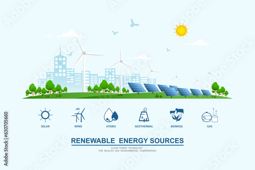 Environmental care and use clean green energy from renewable sources and low carbon concept, Wind power generators or Turbine farm and Solar cells panels, Power generation industry on city background.