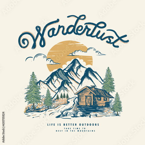 wanderlust women's outdoors vector prints, Montana nature rocks, Mountain graphic print vector design for t shirt, poster, sticker and others. Hand drawn and vector emblem designs. 