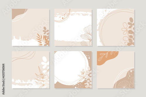 Spring pastel neutral abstract square backgrounds with flowers. Beige color vector set. Social media posts, stories, banners, invitation, mobile apps, online ads, poster, postcards, greetings