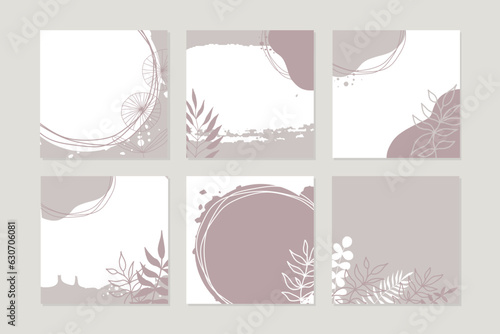 Spring pastel neutral abstract vector square backgrounds with flowers. Lilac color set. Social media posts, stories, banners, invitation, mobile apps, online ads, poster, postcards, greetings