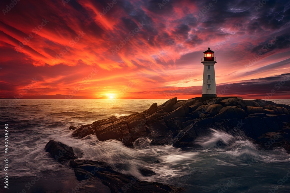 The Lonely Sentinel: A Solitary Lighthouse Framed Against a Vibrant Sunset Sky