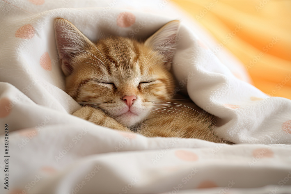 Sleepy baby cat in bed