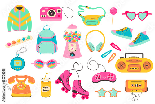 Retro 80s 90s clipart set. Cute y2k glamour fashion patches, badges, emblems, stickers. Modern flat cartoon style. Trendy old school collection.
