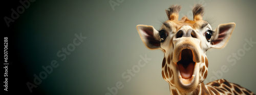 Horizontal Banner for Website of surprised amazed giraffe pet with a curious face with open mouth at on yellow background. Website banner concept. Advertising postcards, notebooks. Generative AI