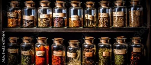 Medicinal herbs and tinctures alternative medicine in jars on table with leaves, Generative AI
