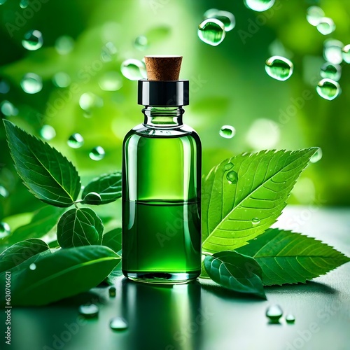 essential oil with green leaves photo