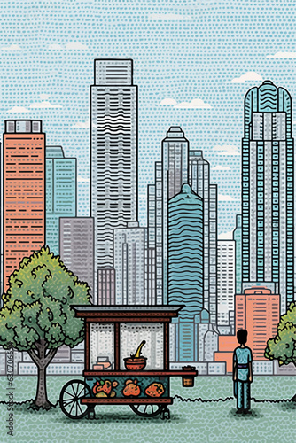 Asian food stall selling hot meals on a city street. Vendor with a traditional Chinese mobile food cart cooking and waiting for customers, woodcut print art