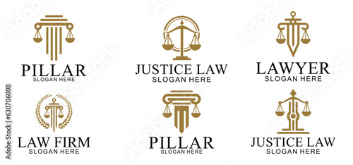 set law logo with pillars of justice symbol concept, creative premium of lawyer and law office