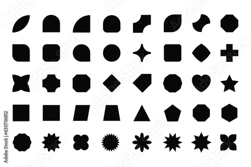 Basic shapes vector set. Different quality geometric formal shape icon. Polygonal elements with sharp and rounded. Circle, rectangle, square, ellipse, hexagon, star, triangle, moon on white background