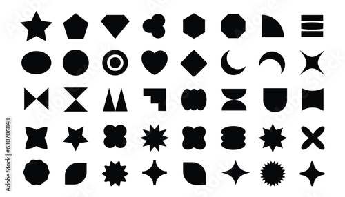 Basic shapes vector set. Different quality geometric formal shape. Polygonal elements. Modern trendy minimalist basic figures, stars, lines, circles, hexagon, star, triangle, moon on white background