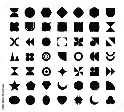 Vector basic shape. Different quality geometric formal shape. Polygonal elements. Modern trendy minimalist basic figures, stars, lines, circles, hexagon, triangle, moon, diamond on white background