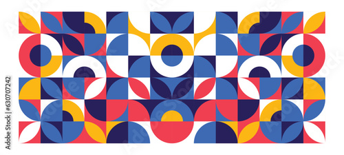 Colorful abstract geometric shape mosaic background. Mosaic seamless pattern illustration with creative abstract shape. Modern circles, triangles and squares style Bauhaus figures. Vector illustration