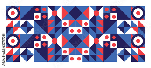 Abstract geometric shape mosaic background. Mosaic seamless pattern illustration. Modern circles, triangles and squares style Bauhaus figures. Graphic style design elements. Vector illustration