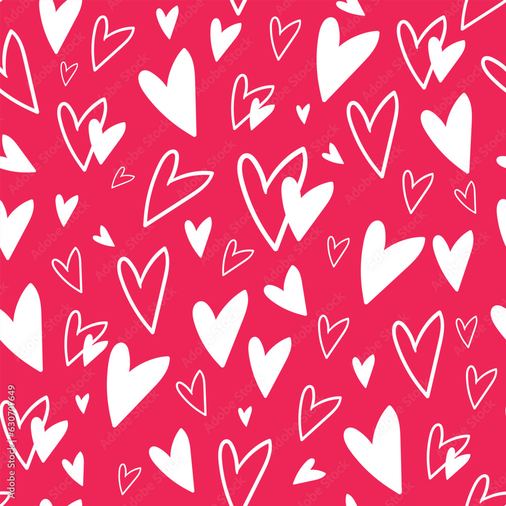 Seamless pattern with white doodle hearts on red background. For Valentine's Day wrapping paper, textile and decoration. Hand drawn vector illustration Seamless pattern with white doodle hearts on red background. For Valentine's Day wrapping paper, textile and decoration. Hand drawn vector illustration