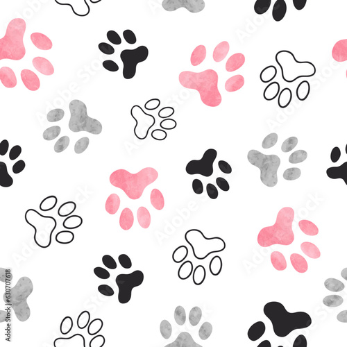 Dog paw print seamless pattern in pink and black colors	