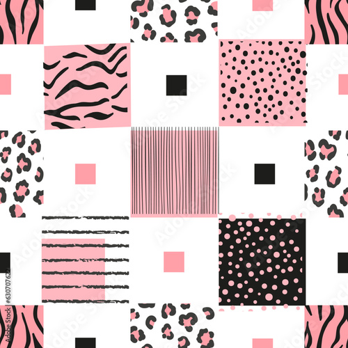 Abstract checkered pattern with animal print. Vector seamless background, fabric design