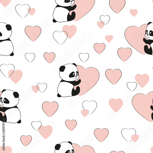Fototapeta Naklejka Na Ścianę i Meble -  Seamless love pattern with cute panda bears and hearts. Valentine's day design, wrapping paper	