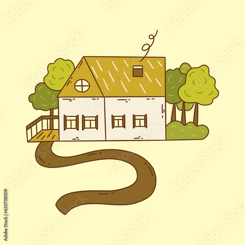 Cute country house among the trees with small porch and walkway leading up to it. Smoke comes out of the chimney. Village life. Colorful vector illustration hand drawn doodle