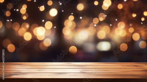 empty rustic bar restaurant wooden table space platform with defocused blurry pub interior sunny weather autumn bokeh light blurred cozy house with panoramic city windows.