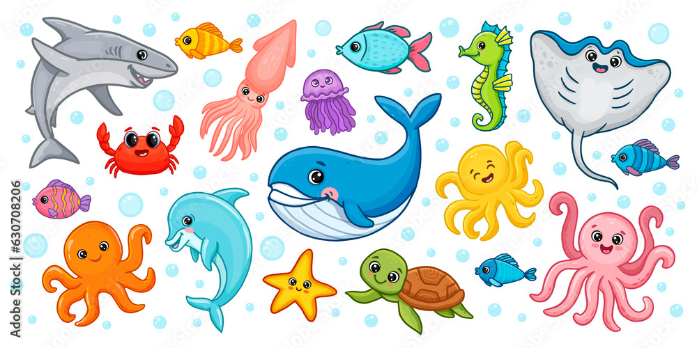 set of sea animals. Dolphin, octopus, sea horse, sea turtle, squid, stingray, jellyfish, shark. Cute cartoon animals for kids. set of sea animals. Dolphin, octopus, sea horse, sea turtle, squid, stingray, jellyfish, shark. Cute cartoon animals for kids.