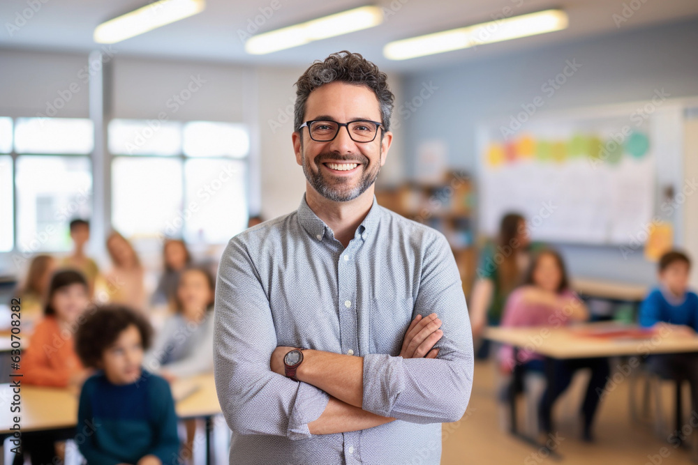 Portrait of smiling male teacher in a class at elementary school looking at camera with learning students on background Portrait of smiling male teacher in a class at elementary school looking at camera with learning students on background
