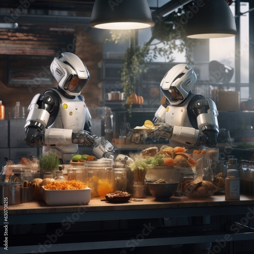 Two robots preparing food in the kitchen