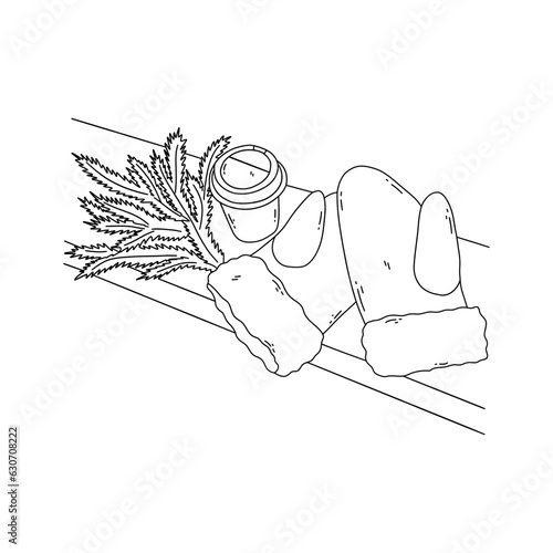 Mittens, spruce branches and cup of coffee or hot tea lie on wooden bench. Cozy winter aesthetic. Festive Christmas print. Black and white vector isolated illustration hand drawn