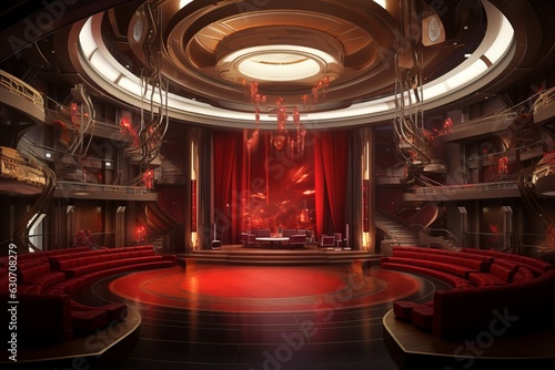 a futuristic interior of a theater or opera house - spacious hall with round stage  red seats  whimsical decorations. Generative AI