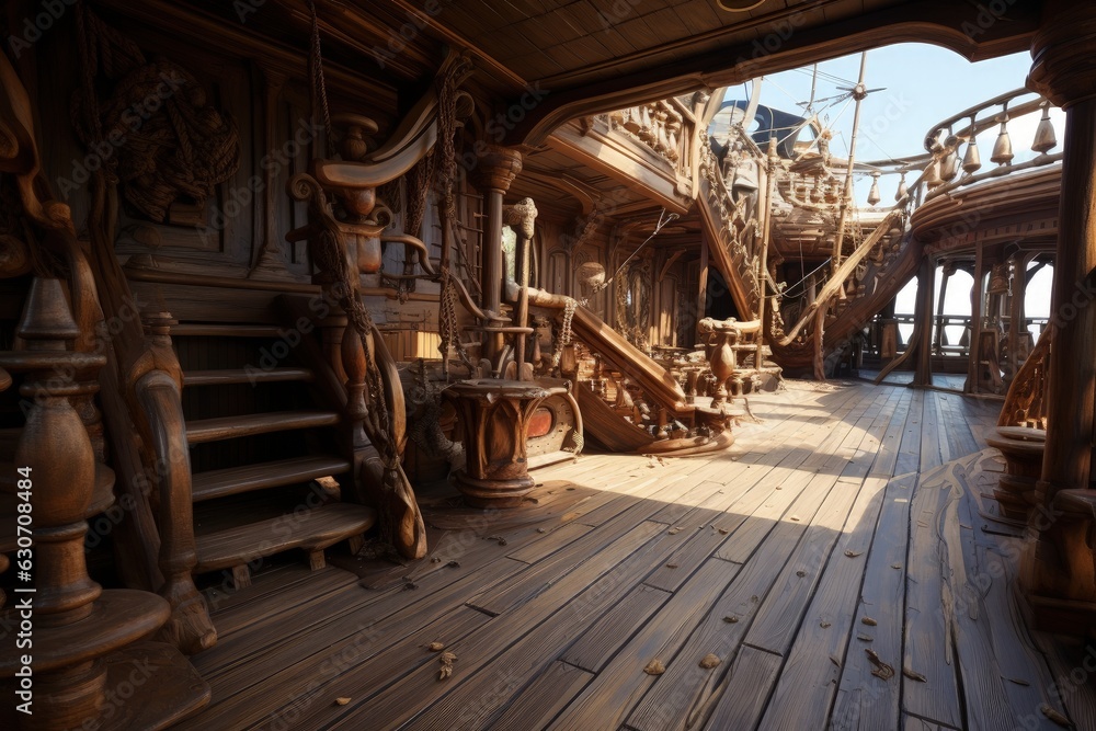 Pirate ship deck, history and fantasy concept. Generative AI