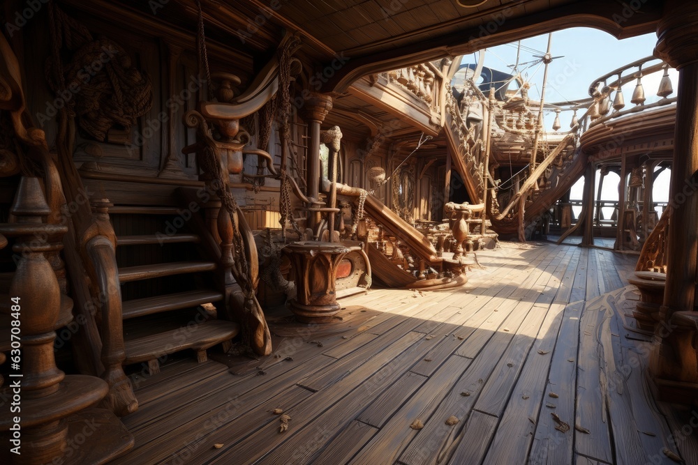 Pirate ship deck, history and fantasy concept. Generative AI Pirate ship deck, history and fantasy concept. Generative AI