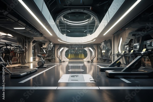 a futuristic interior of a cyberpunk fitness studio - spacious hall with sports equipment, neon blue and cyan lighting. Generative AI