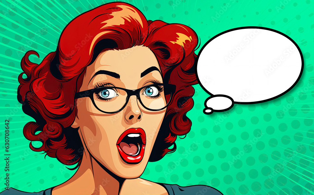 Wow pop art female face, beautiful surprised young woman in glasses with open mouth and red hair, speech bubble, pop art woman, background in pop art retro comic style, generative ai
