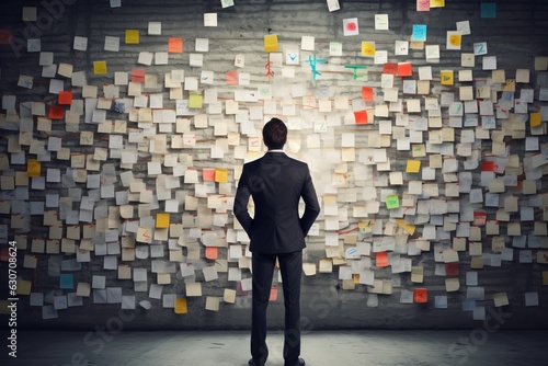 a man in business clothes standing with his back turned in front of a huge wall with sticky notes, cutouts and threads connecting the information. Detective investigative work in finance or business. photo