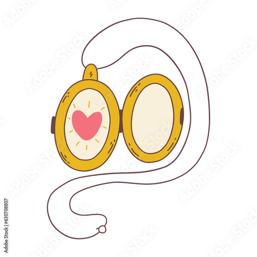 Beautiful vintage opening locket with heart inside. Symbol of love and recognition in feelings. Ancient pendant. Colorful vector isolated illustration hand drawn