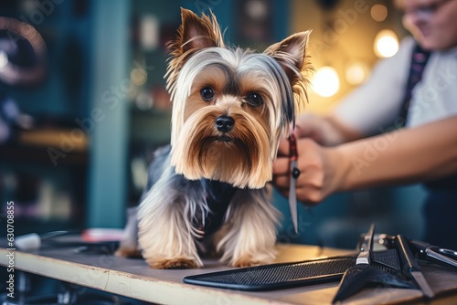 a small yorkshire terrier getting his hair groomed and cut at the hairdresser salon for dogs. Generative AI