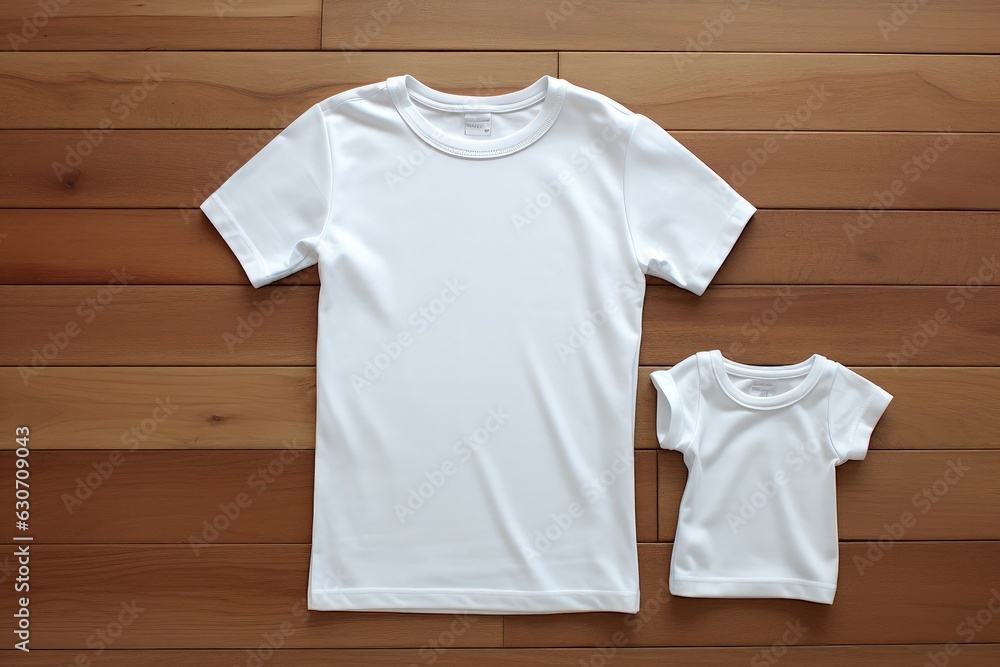 White t-shirts on the wooden background, father's and little son's t-shirts. Generative AI White t-shirts on the wooden background, father's and little son's t-shirts. Generative AI