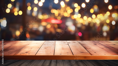 Empty festive party sparkling rustic bar restaurant wooden table space platform with defocused blurry pub interior sunny weather autumn bokeh light cozy house with panoramic city windows.