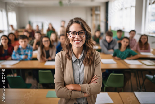 Portrait of smiling teacher in a class at elementary school looking at camera with learning students on background