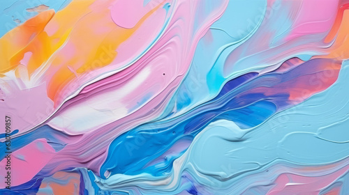 A close up of an abstract painting with blue, pink, and yellow colors