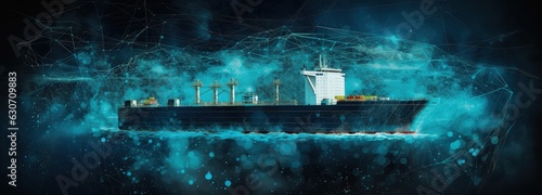Cargo ship and world map with connection points, concept of imports and delivery. generative AI © Deivison