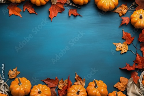 Blue background with pumpkins and autumn leaves, thanksgiving day holiday concept. Generative AI photo