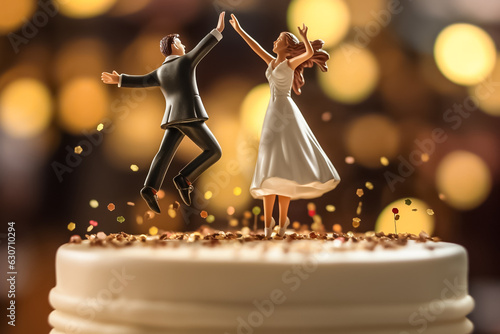 Model couple of bride and groom doing activities on the top of wedding cake with blurry bokeh around them. Generative AI.