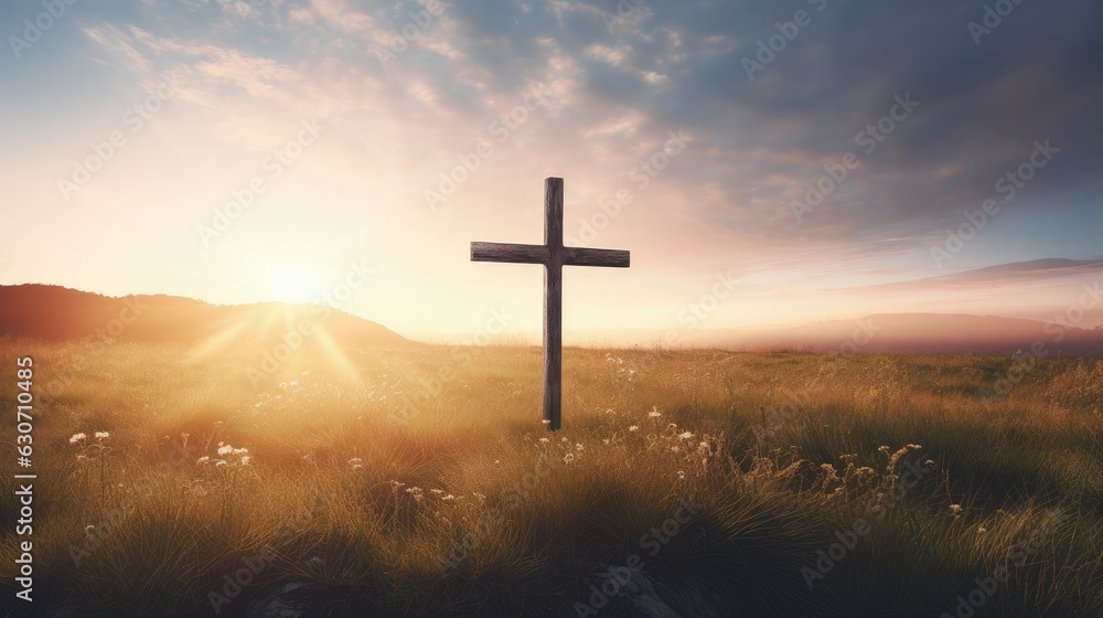 Landscape with cross and sunset in the background, concept of Jesus Christ and Christianity. generative AI Landscape with cross and sunset in the background, concept of Jesus Christ and Christianity. generative AI