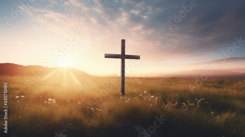 Landscape with cross and sunset in the background, concept of Jesus Christ and Christianity. generative AI