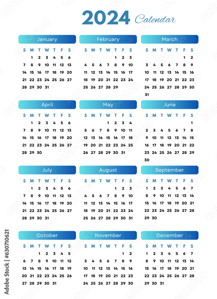 Calendar for Happy New Year 2024. Calendar 2024 Template With Gradient ...