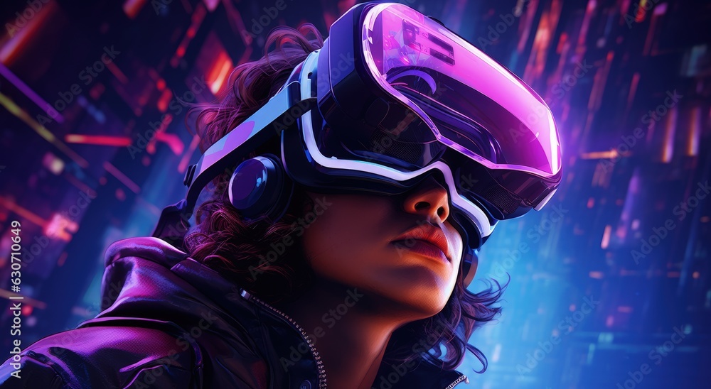 Young man with 3D glasses immersed in virtual reality background with shades of pink and purple. Generative AI Young man with 3D glasses immersed in virtual reality background with shades of pink and purple. Generative AI